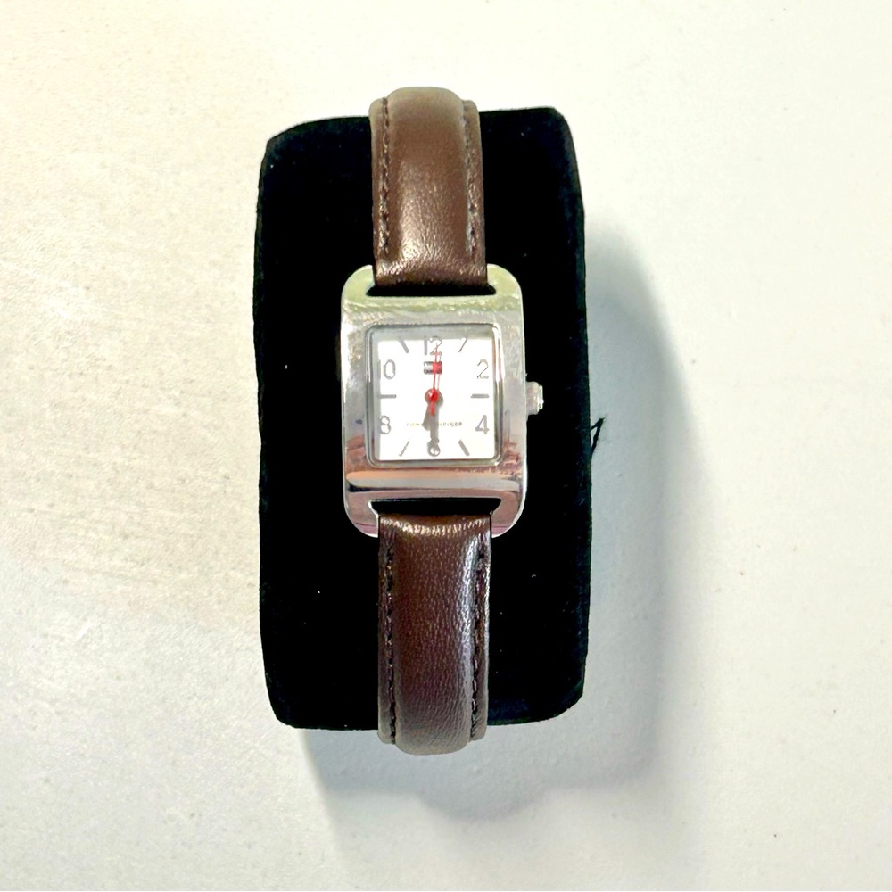 Tommy Hilfiger genuine real leather tank wrist watch rectangle brown analog